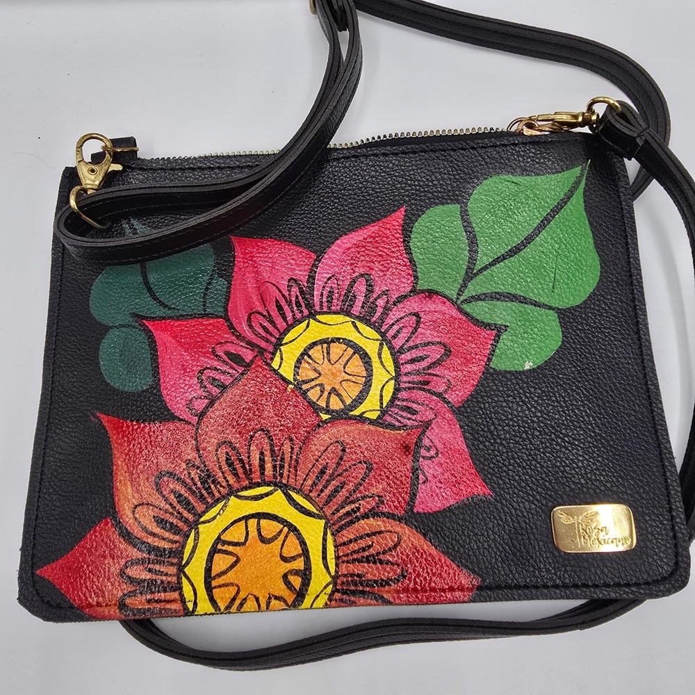 Rosa Mexicano Black Leather Hand Painted Floral Crossbody Bag Gold Hardware